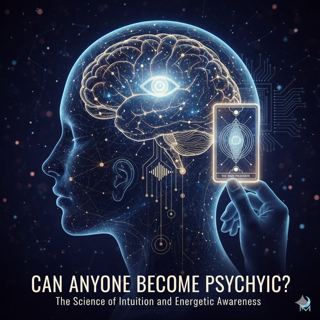 Abstract illustration symbolizing the development of intuition, showing a simplified profile of a woman's head connected by subtle energy lines to a bright, glowing third eye.