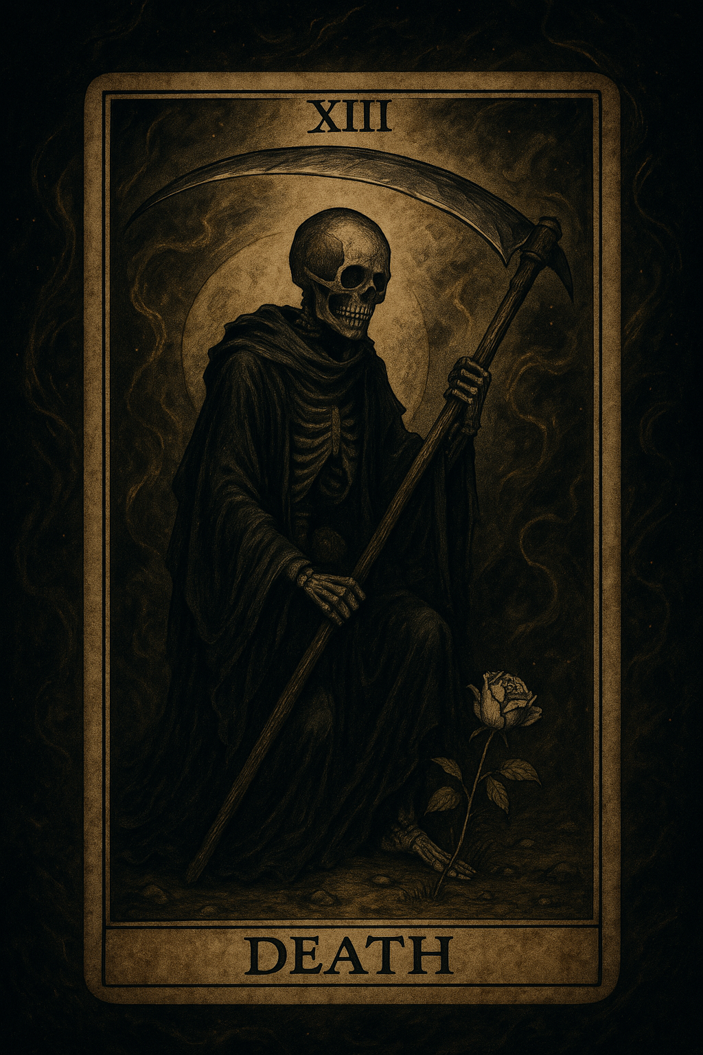 death tarot card grim reaper holding a psyche
