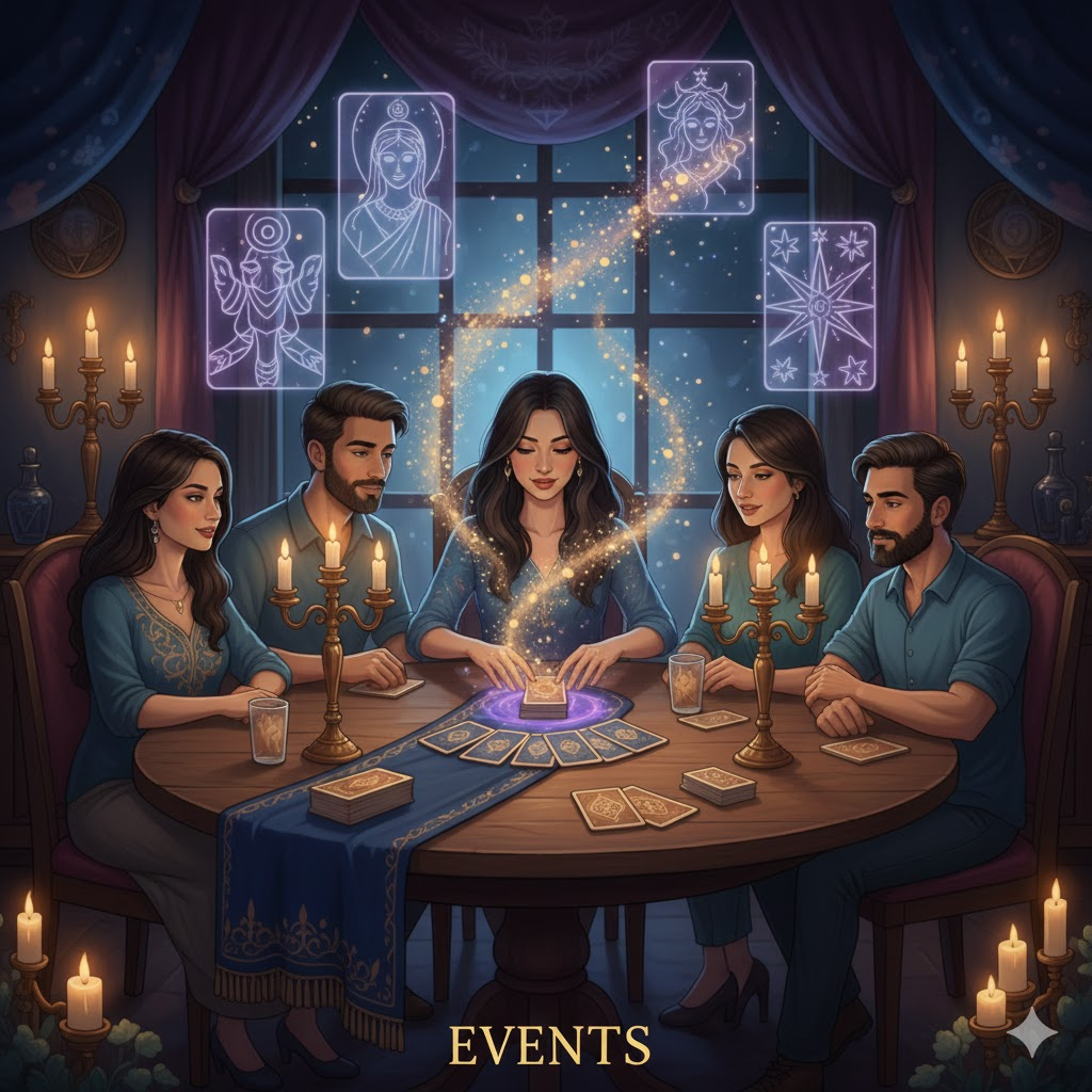 Mystical psychic tarot event gathering with figures celebrating under a starry sky, accented with magical blue and gold light.
