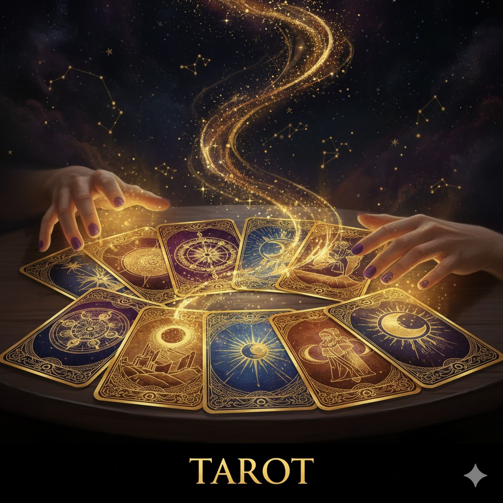 Hands arranging a radiant tarot card spread, surrounded by golden magic and constellations, representing a mystical reading.