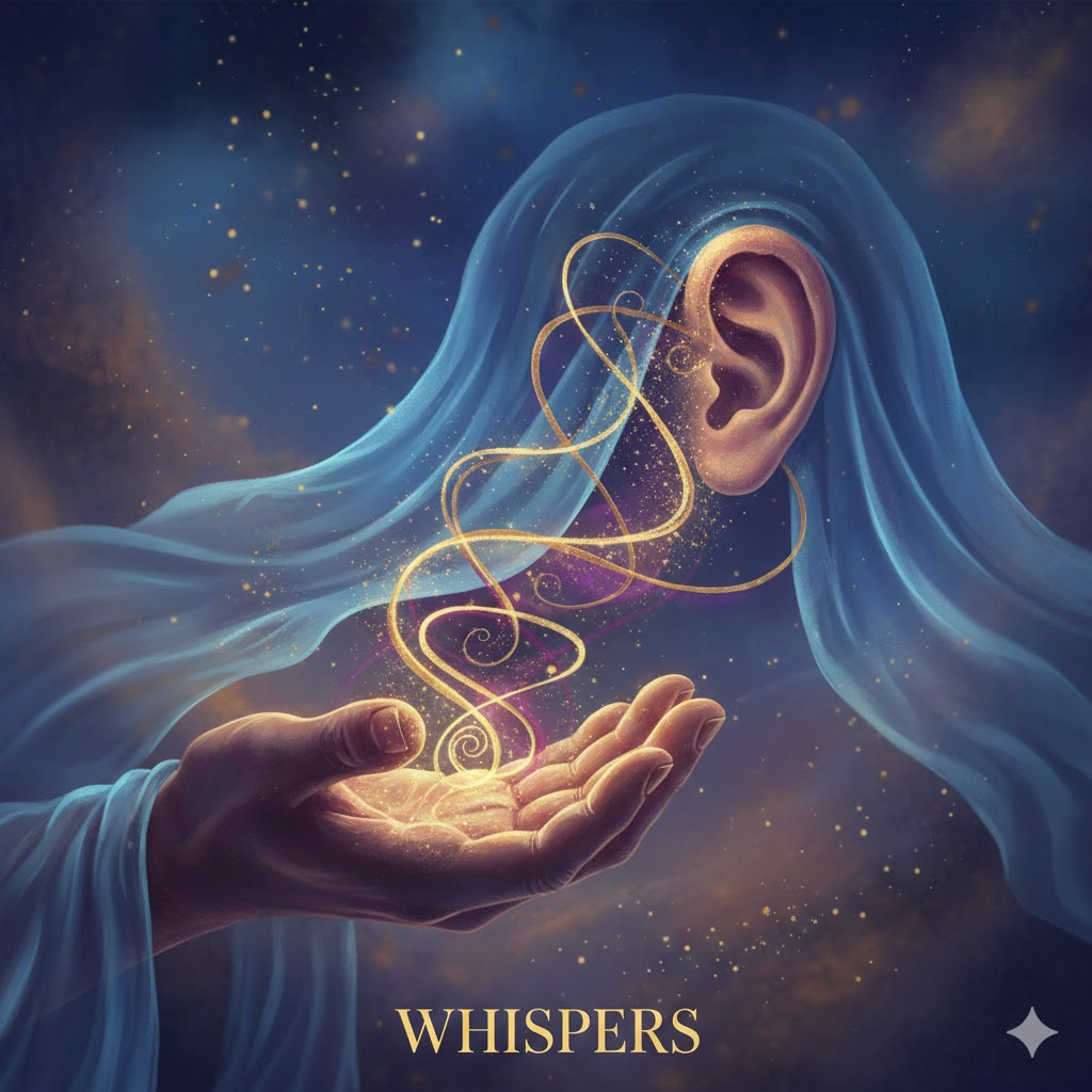 Mystical hand holding golden light spiraling into a listening ear, symbolizing divine whispers and intuitive guidance.