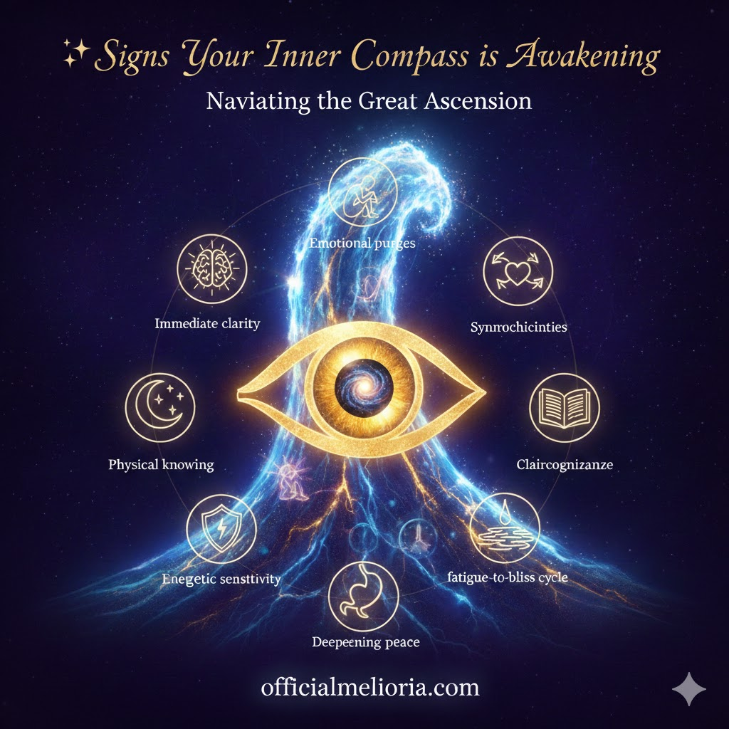 Infographic showing the Signs Your Inner Compass is Awakening and Navigating the Great Ascension. A central golden Third Eye symbol is surrounded by text bubbles listing key mystical symptoms: Immediate Clarity, Emotional Purges, Synchronicities, Claircognizance, Fatigue-to-Bliss Cycle, Deepening Peace, Energetic Sensitivity, and Physical Knowing. The image is set against a deep blue starry, cosmic background with swirling light energy